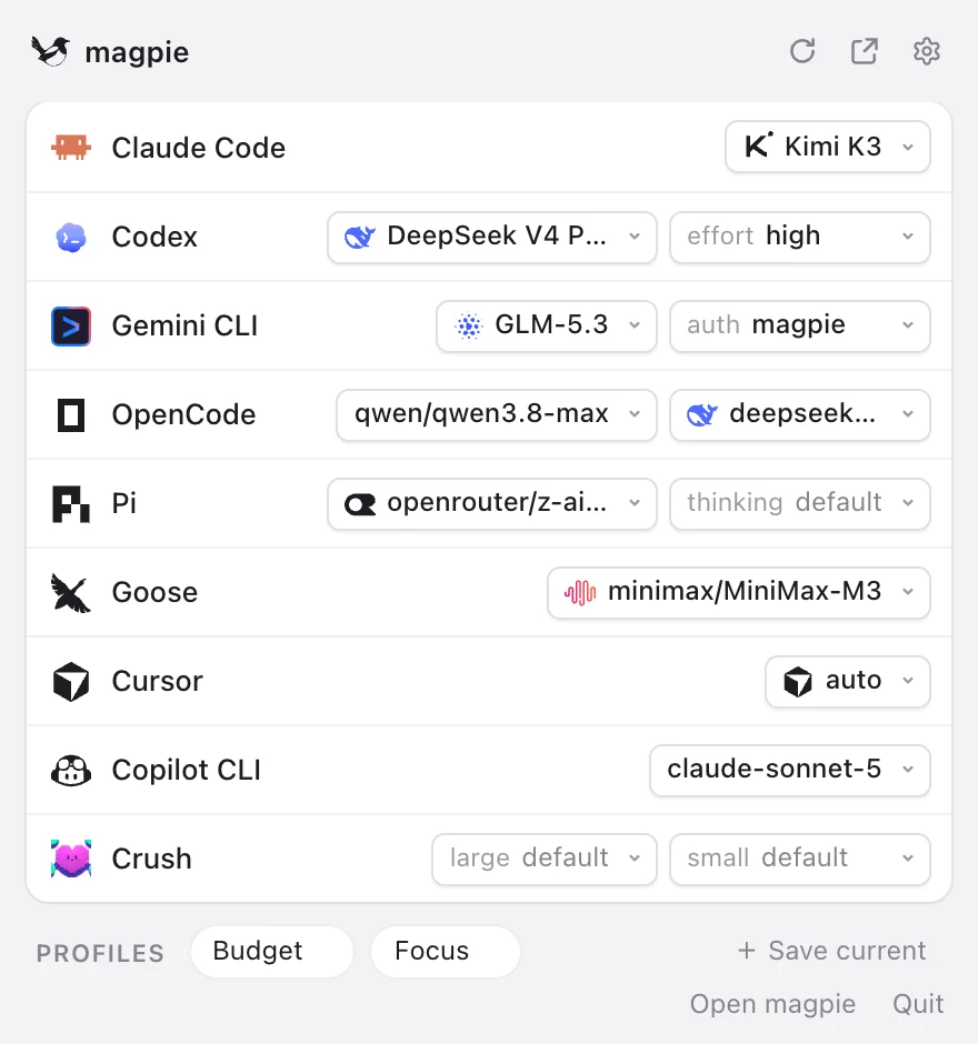 Magpie menu bar panel: one row per agent, with direct model switching