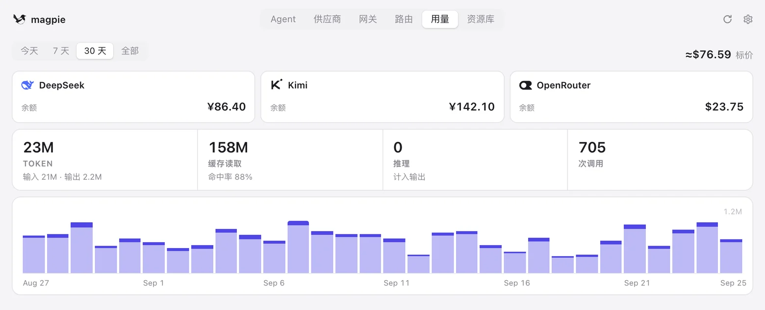 Magpie usage page: balance, tokens, cache hit rate and costs